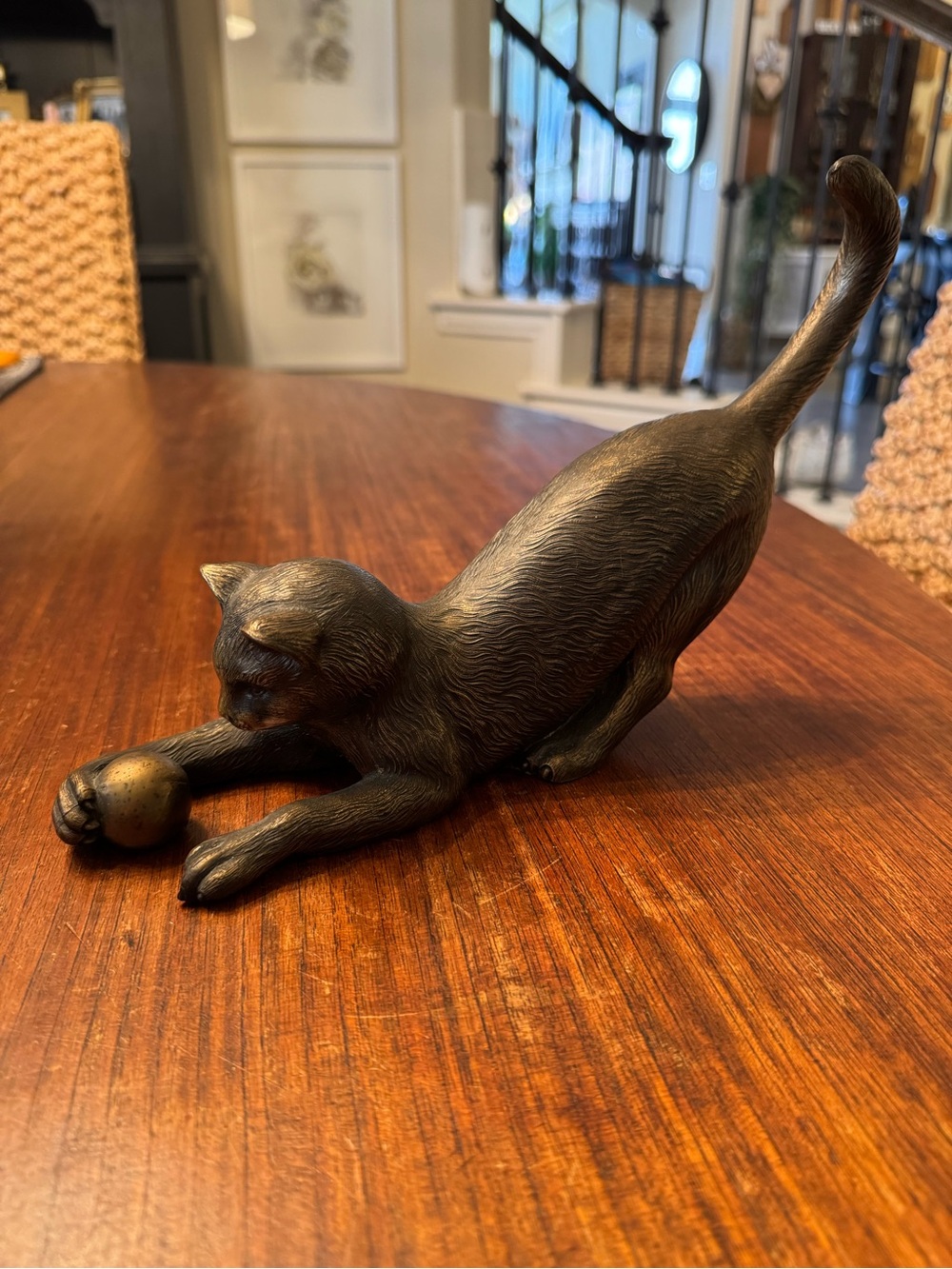 Large Vintage Brass Cat with Ball